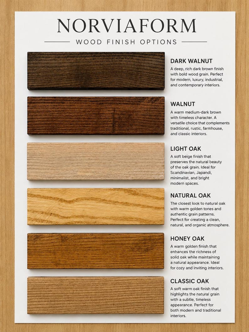 May include: A Norviaform wood finish options chart displaying six rectangular wood samples arranged vertically. The finishes include dark walnut, walnut, light oak, natural oak, honey oak, and classic oak, each accompanied by descriptive text.