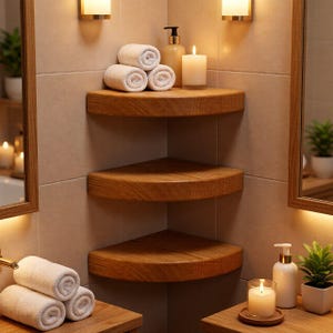 May include: Three tiered wooden corner shelves mounted on a tiled wall. The top shelf holds a stack of three white rolled towels, a beige pump bottle, and a white pillar candle. The shelves feature a natural wood grain finish and curved edges.
