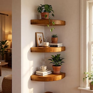 K&ouml;nnte beinhalten: Drei dicke, halbkreisf&ouml;rmige Eckregale aus Holz an einer wei&szlig;en Wand. Das oberste Regal tr&auml;gt eine Topfpflanze. Das mittlere Regal enth&auml;lt einen gerahmten Kunstdruck, eine kleine Sukkulente und eine dampfende wei&szlig;e Keramiktasse auf einer Untertasse.