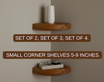 Set di 2, 3 o 4 piccole mensole angolari galleggianti, in rovere massello, da 5 a 9 pollici, ideali per decorare la parete e risparmiare spazio.