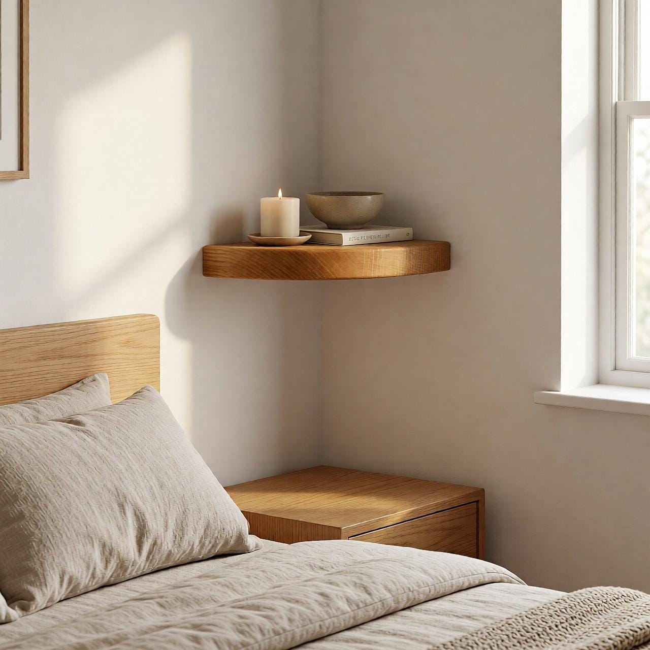 Custom Oak Corner Floating Shelf – Rounded Small Apartment Wall Mount ...