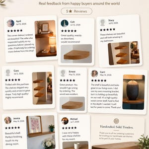 May include: A collection of customer reviews for oak shelves, featuring text testimonials, five-star ratings, and photographs of corner and straight wooden shelves installed in various home settings, with the heading Loved by Our Customers.