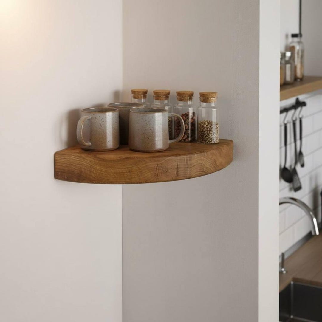 Custom Oak Corner Floating Shelf – Rounded Small Apartment Wall Mount ...