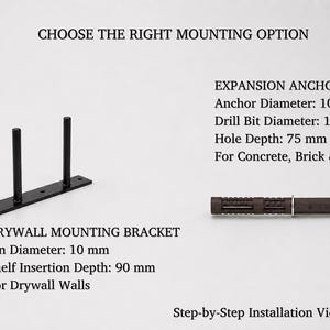 K&ouml;nnte beinhalten: Eine schwarze Metall-Wandhalterung mit drei Stiften und ein Spreizd&uuml;bel f&uuml;r Beton, Ziegel und Mauerwerk. Der Text umfasst CHOOSE THE RIGHT MOUNTING OPTION, EXPANSION ANCHOR, Anchor Diameter: 10 mm, Drill Bit Diameter: 12 mm, Hole Depth: 75 mm, DRYWALL MOUNTING BRACKET, Pin Diameter: 10 mm, Shelf Insertion Depth: 90 mm und Step-by-Step Installation Video Included.