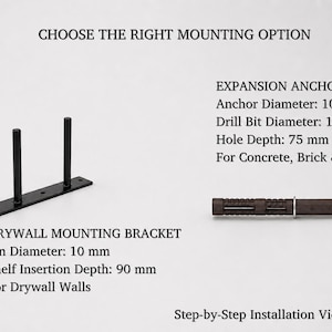 May include: A black metal drywall mounting bracket with three pins and an expansion anchor for concrete, brick, and masonry. Text includes CHOOSE THE RIGHT MOUNTING OPTION, EXPANSION ANCHOR, Anchor Diameter: 10 mm, Drill Bit Diameter: 12 mm, Hole Depth: 75 mm, DRYWALL MOUNTING BRACKET, Pin Diameter: 10 mm, Shelf Insertion Depth: 90 mm, and Step-by-Step Installation Video Included.
