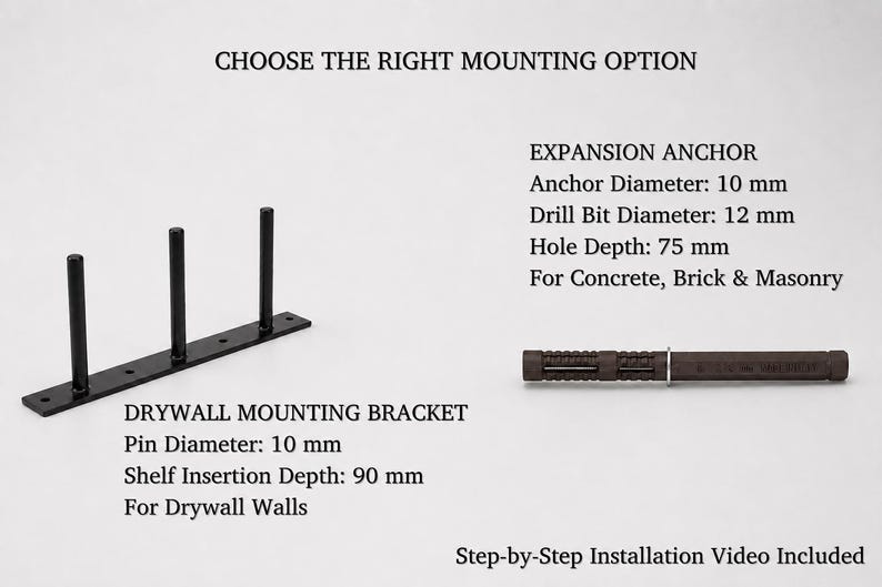May include: A black metal drywall mounting bracket with three pins and an expansion anchor for concrete, brick, and masonry. Text includes CHOOSE THE RIGHT MOUNTING OPTION, EXPANSION ANCHOR, Anchor Diameter: 10 mm, Drill Bit Diameter: 12 mm, Hole Depth: 75 mm, DRYWALL MOUNTING BRACKET, Pin Diameter: 10 mm, Shelf Insertion Depth: 90 mm, and Step-by-Step Installation Video Included.