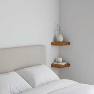 高級フローティングオークコーナーシェルフ、隠しブラケット壁掛け、丸みを帯びた無垢材シェルフ、積み重ね式コーナー装飾