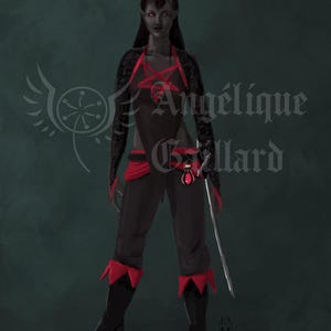 May include: Digital artwork of a dark-skinned figure with horns, wearing a black outfit with red accents and a pentagram. The figure holds a sword and the artwork includes the text "Angélique Gaillard".