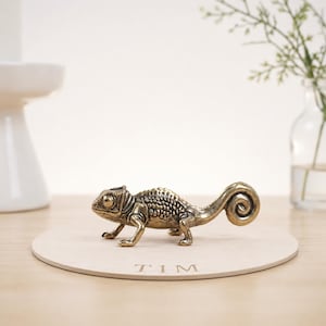 Puede incluir: Una pequeña figura de camaleón de metal color latón con cuerpo texturizado y cola enroscada, colocada sobre una base circular de madera que presenta el nombre TIM grabado en letras mayúsculas en el borde frontal de la superficie.