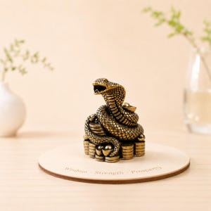 Puede incluir: Una estatua de cobra de color bronce enrollada sobre pilas de monedas y cuencos pequeños. La serpiente tiene la boca abierta y escamas detalladas. La estatua está sobre una base redonda de madera con las palabras "Wisdom - Strength - Prosperity" grabadas.