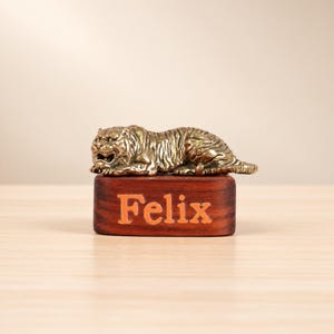 Op de afbeelding: Een metalen, bronskleurige tijgerfiguur in een gehurkte houding, gemonteerd op een rechthoekig, donkerbruin houten blok. De voorzijde van de houten basis is voorzien van de naam Felix, gegraveerd in een vet, lichtoranje schreefloos lettertype.