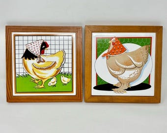 Hen Chicks Egg Vintage Framed Ceramic Tile Wall Hanging Decor Trivet Farmhouse
