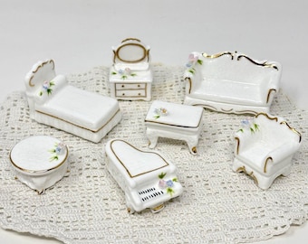 Kato Kogei Vintage Japan White Bone China Miniature Dollhouse Furniture 7pc Set
