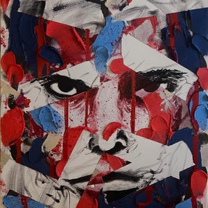 May include: Abstract painting of a face, fragmented into geometric shapes. The artwork features bold strokes of red, blue, black, and white paint. The eyes are prominent, with dark, defined eyebrows and a piercing gaze. The overall effect is a striking, expressive portrait.