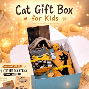 May include: A light blue gift box containing a pair of gray and yellow striped socks with a cat face, a plush orange cat toy, a small cat-themed mug, a yellow duck figurine, and a card. A separate card displays Cat Crime Mystery Mini Game.