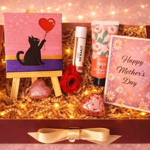 Cat Mom Gift Box for Mother’s Day | Hand Painted Mini Cat Canvas | Cute Cat Lover Gift | Mini Painting, Card, Lip Balm & Hand Cream
