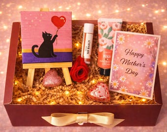 Cat Mom Gift Box for Mother’s Day | Hand Painted Mini Cat Canvas | Cute Cat Lover Gift | Mini Painting, Card, Lip Balm & Hand Cream