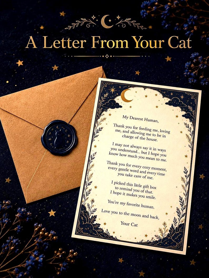 K&ouml;nnte beinhalten: Ein beigefarbener Umschlag mit einem dunkelblauen Wachssiegel, das die Silhouette einer Katze zeigt, sowie eine cremefarbene Karte mit der &Uuml;berschrift A Letter From Your Cat. Die Karte hat einen dunkelblauen Rand mit goldenen Sternen.