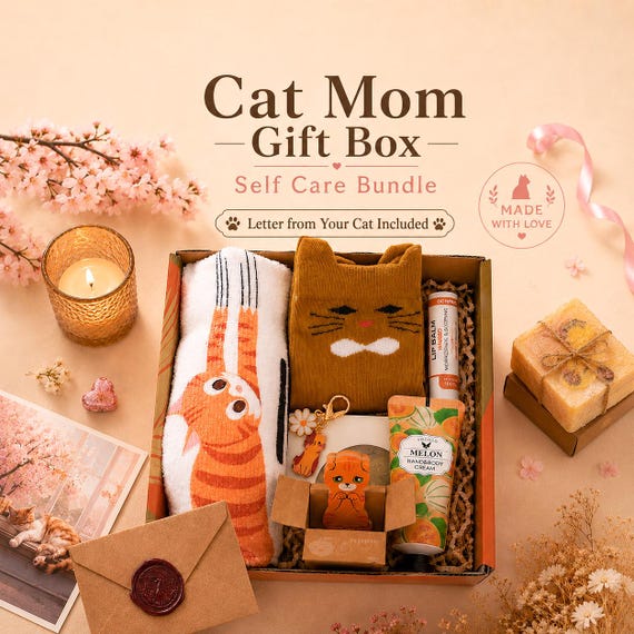 Cat Lover Gift Basket, Cat Mom Self Care Box, Cozy Cat Gifts for Women, Cat Mom Birthday Gift, Cat Lover Gift Box, Ginger Cat Gift Box