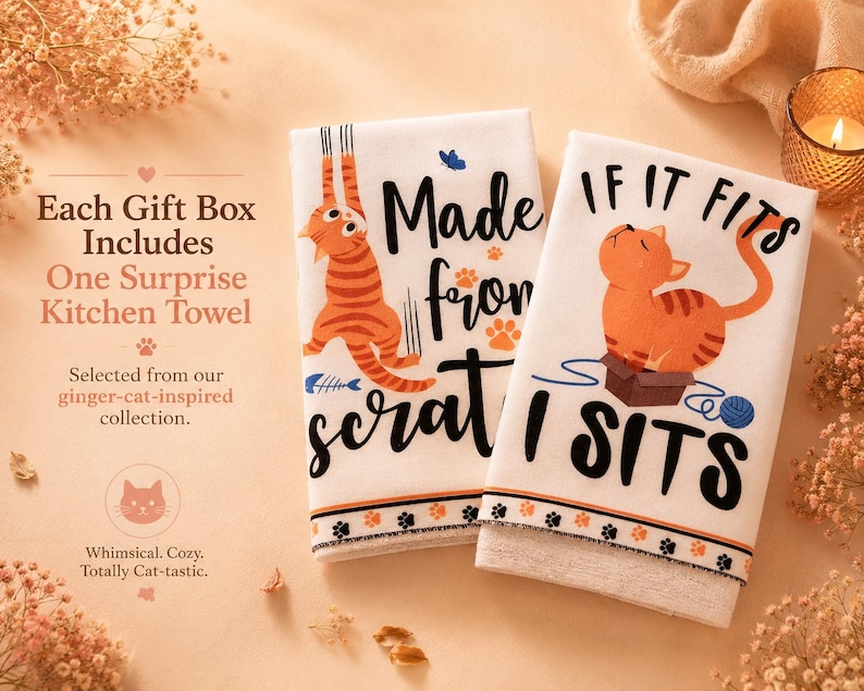 K&ouml;nnte beinhalten: Zwei wei&szlig;e K&uuml;chent&uuml;cher mit Illustrationen von orangefarbenen getigerten Katzen. Ein Tuch zeigt eine Katze mit dem Text Made from scratch, das andere eine Katze in einer Kiste mit dem Text IF IT FITS I SITS. Beide haben eine Pfotenbord&uuml;re.