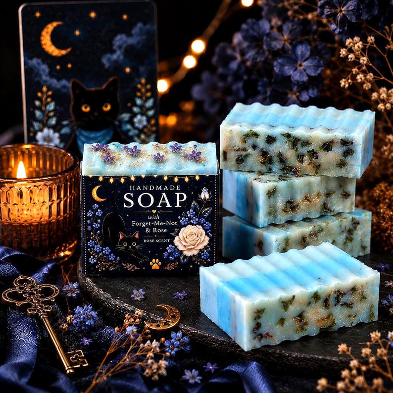 K&ouml;nnte beinhalten: Vier rechteckige St&uuml;cke hellblauer handgemachter Seife mit eingearbeiteten getrockneten Kr&auml;utern und Goldflocken, gestapelt neben einer schwarzen Schachtel mit der Aufschrift HANDMADE SOAP with Forget-Me-Not & Rose, verziert mit einer schwarzen Katze.