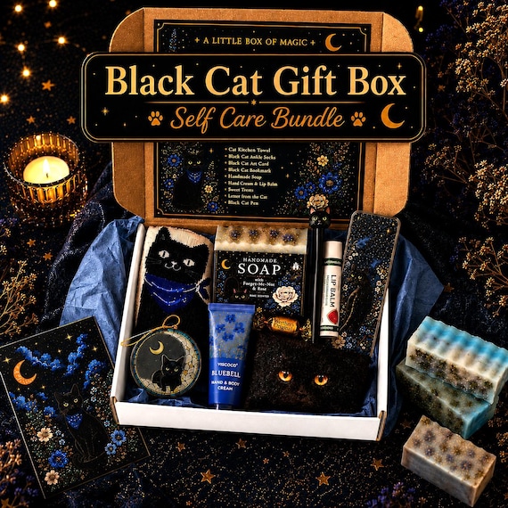 Black Cat Gift Box | Self Care Bundle for Cat Lovers | Celestial Cat Mom Gift | Ready to Gift with Free Shipping