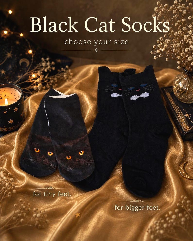 Black Cat Gift Box | Self Care Bundle for Cat Lovers | Celestial Cat Mom Gift | Ready to Gift with Free Shipping Bigger Socks