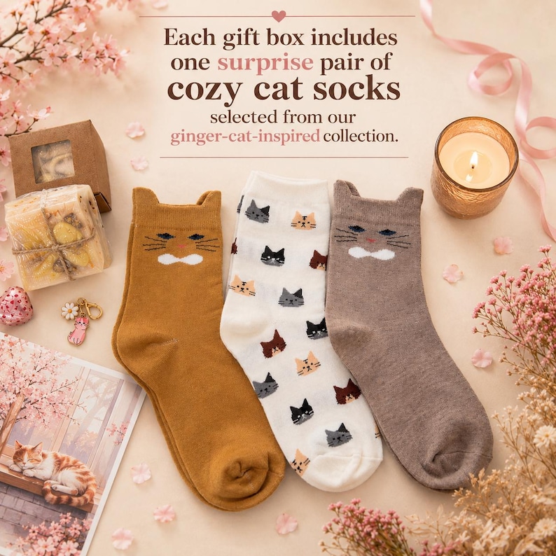 K&ouml;nnte beinhalten: Drei Paar Socken mit Katzenmotiven. Ein Paar ist senfgelb mit Katzenohren und Schnurrhaaren, eines ist wei&szlig; mit kleinen Katzengesichtern und eines ist taupefarben mit Katzenohren und Schnurrhaaren. Der Text lautet: Each gift box includes one surprise pair of cozy cat socks selected from our ginger-cat-inspired collection.