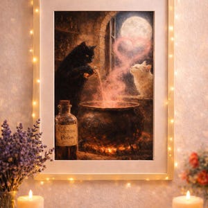 Romantic Cat Poster, Dark Fantasy Cat Poster | Cat Love Potion Moon Poster | Black Cat Magic | Black Cat Mom B-day Gift | (Digital Download)