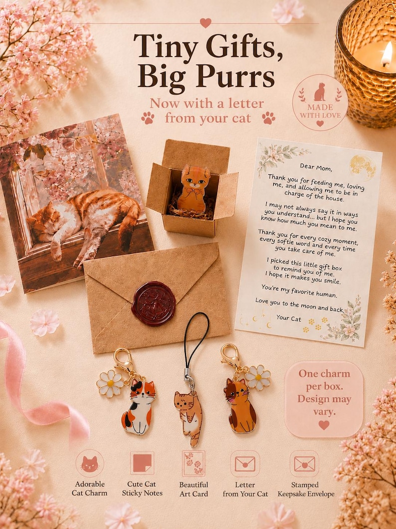 K&ouml;nnte beinhalten: Ein Geschenkset mit einer kleinen braunen Pappschachtel, die einen orangefarbenen Katzenanh&auml;nger enth&auml;lt, einem braunen Umschlag mit rotem Wachssiegel, einem gedruckten Brief an Mama und drei Katzenanh&auml;ngern mit G&auml;nsebl&uuml;mchen auf hellem Grund.