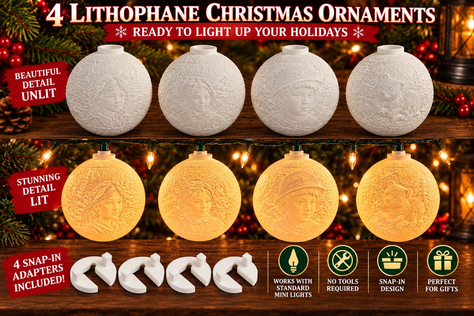 🎄 Light-Up Lithophane Christmas Ornaments – Set of 4

✨ Bring Your Christmas Tree to Life With Beautiful Glowing Ornaments! ✨

Add a magical touch to your holiday decorations with our unique light-up lithophane Christmas ornaments!

Each ornament features an intricately textured design that comes to life when illuminated by your Christmas tree lights, revealing beautiful images, festive scenes, and treasured memories.

Choose from our selection of Christmas-themed designs or personalize your ornaments with your own favorite photos!

Whether you’re decorating your Christmas tree or searching for a meaningful holiday gift, these one-of-a-kind ornaments are a beautiful way to celebrate the season.

🎁 CHOOSE YOUR ORNAMENT STYLE

🎄 STANDARD CHRISTMAS COLLECTION – $39.99

Explore our selection of Christmas-themed designs featuring festive characters, holiday scenes, and seasonal favorites.

Choose your preferred collection to add a special touch to your Christmas tree!

📸 CUSTOM PHOTO COLLECTION – $59.99

Turn your favorite memories into glowing Christmas keepsakes!

Personalize your ornaments with photos of family, friends, pets, loved ones, or unforgettable moments.

Each custom ornament transforms your selected image into a detailed lithophane design that reveals its beauty when illuminated.

✨ WHAT MAKES OUR ORNAMENTS SPECIAL?

💡 STUNNING LIGHT-UP EFFECT

Watch your ornament’s detailed images come to life when illuminated from within by compatible Christmas tree lights!

🎄 BEAUTIFUL DAY OR NIGHT

The intricate exterior texture creates a decorative appearance even when the ornaments aren’t illuminated.

🔌 EXCLUSIVE SNAP-IN LIGHT ADAPTERS INCLUDED

Every ornament comes with a specially designed snap-in adapter that securely attaches to compatible mini Christmas lights.

✨ NO BATTERIES REQUIRED

Designed to use your existing compatible Christmas tree lights. No separate batteries or electrical components are necessary!

🎁 UNIQUE & MEANINGFUL GIFTS

Perfect for Christmas lovers, families, pet owners, and anyone who enjoys personalized holiday decorations.

📦 WHAT’S INCLUDED?

✔️ 4 spherical lithophane Christmas ornaments

✔️ 4 snap-in Christmas light adapters

✔️ Your selected Christmas designs or personalized photo designs

✔️ Detailed exterior-textured ornaments

✔️ Approximately 80 mm (3.15 inches) in diameter

Christmas lights are NOT included.

💡 HOW DO THEY WORK?

Our ornaments are designed to illuminate using compatible mini Christmas tree lights.

STEP 1: Position the included adapter around your Christmas light socket and wiring.

STEP 2: Insert the adapter into the ornament opening until it snaps securely into place.

STEP 3: Turn on your Christmas lights and enjoy the beautiful illuminated design!

No glue, batteries, or permanent modifications to your Christmas lights are required.

📸 ORDERING CUSTOM PHOTO ORNAMENTS?

If you select the personalized photo option:

1. Select the Custom Photo option when ordering.
2. Upload your desired photos during the purchasing process using the photo upload option.
3. Complete your purchase.
4. Your images will be transformed into personalized lithophane Christmas ornaments!

PHOTO RECOMMENDATIONS

For the best results, please submit clear, high-quality images with good lighting and visible details.

The final appearance of your custom ornaments may vary depending on the quality and composition of the submitted photos.

🎄 PERFECT FOR

🎁 Unique Christmas gifts

❤️ Family memories and keepsakes

🐾 Pet photos and memorial ornaments

🎬 Christmas movie lovers

👶 Baby’s first Christmas

💍 Wedding and anniversary memories

🎅 Holiday decorating

🏠 Christmas tree collections

📌 IMPORTANT PRODUCT INFORMATION

* Each purchase includes 4 ornaments and 4 matching snap-in adapters.
* Each ornament measures approximately 80 mm in diameter.
* Ornaments feature detailed exterior-textured designs.
* Available colors and designs may vary depending on your selected options.
* Christmas lights are NOT included.
* Designed for compatible mini Christmas string lights. Not all bulb or socket styles are compatible.
* The illuminated appearance depends on the light source, ornament color, and design.
* Each ornament is individually crafted, so minor variations in surface appearance may occur.
* Custom lithophane details depend on the quality of the submitted images.

❤️ MAKE YOUR CHRISTMAS MEMORIES SHINE!

Whether you’re decorating with your favorite holiday designs or creating personalized ornaments featuring cherished memories, our light-up lithophane ornaments bring something truly special to your Christmas tree.

🎄 Standard Set of 4 – $39.99

📸 Custom Photo Set of 4 – $59.99

✨ Choose your favorite designs and bring your Christmas tree to life with ornaments that shine! ✨