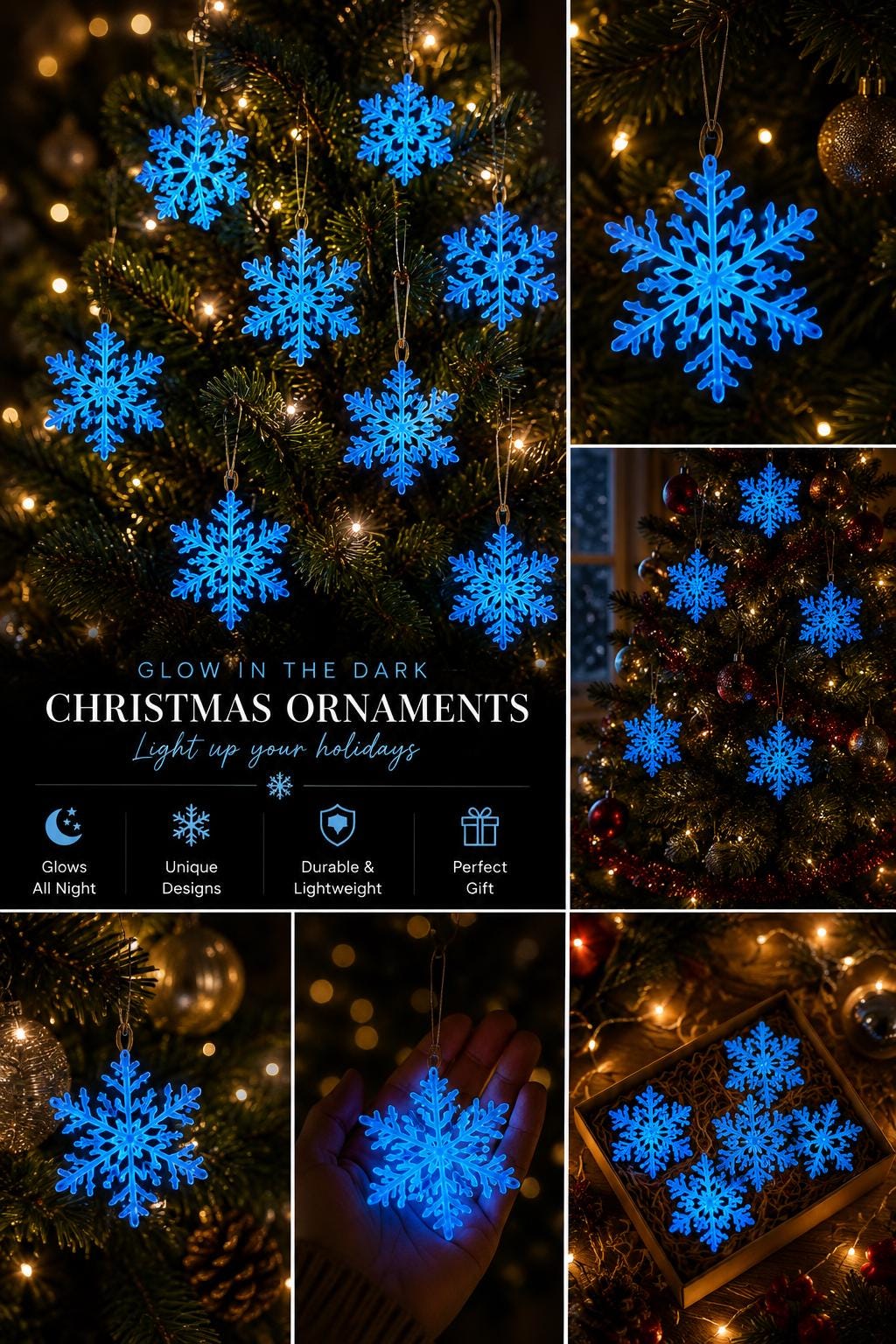 ❄️ Glow-in-the-Dark Snowflake Ornament Set | Set of 10 | Premium 3D Printed Christmas Decorations

Transform your Christmas tree into a magical winter wonderland with this set of 10 glow-in-the-dark snowflake ornaments! These beautifully detailed ornaments are professionally 3D printed using high-quality PLA filament and are designed to absorb light throughout the day before emitting a soft, enchanting glow in the evening.

Perfect for Christmas trees, wreaths, garlands, gift wrapping, stocking stuffers, holiday centerpieces, or festive home décor, these snowflakes bring a unique modern touch to your holiday decorating.

Each ornament is lightweight yet durable, making them easy to hang while providing years of holiday enjoyment.

✨ Features

• Set includes 10 Glow-in-the-Dark Snowflake Ornaments
• Approximately 2.4 inches (61.3 mm) each
• Precision 3D printed with premium PLA material
• Charges under sunlight or bright indoor lighting
• Emits a beautiful glow in the dark
• Lightweight and easy to hang
• Modern geometric snowflake design
• Perfect for Christmas trees, wreaths, garlands, gifts, and holiday displays
• Handmade and printed with care

🎄 Perfect For

✔ Christmas Tree Decorations
✔ Holiday Home Décor
✔ Winter-Themed Decorations
✔ Gift Toppers
✔ Stocking Stuffers
✔ Office Decorations
✔ Secret Santa Gifts
✔ Holiday Party Decorations

📦 What’s Included

• 10 Glow-in-the-Dark Snowflake Ornaments

(Hanging hooks/ribbon are not included unless selected.)

🖨️ Materials

These ornaments are manufactured using high-quality PLA filament, allowing for crisp details, smooth surfaces, and excellent durability. PLA also offers good heat resistance for everyday indoor decorative use. For best results, avoid prolonged exposure to high temperatures, such as inside a parked vehicle or in direct summer sunlight.

🌙 Glow Effect

To achieve the brightest glow, simply place the ornaments under sunlight or a bright indoor light for several minutes. The longer they charge, the brighter and longer they will glow.

❤️ Handmade Just for You

Every ornament is made to order on a precision 3D printer. Because each piece is individually printed, slight layer lines or small variations may be present—these are a normal characteristic of the 3D printing process and add to the uniqueness of every ornament.

🎁 Whether you’re decorating your own home or searching for a thoughtful holiday gift, these glow-in-the-dark snowflake ornaments are sure to become a favorite part of your Christmas traditions.

Thank you for supporting our small business! We take pride in creating high-quality 3D printed décor that makes every season a little more special. 🎄✨