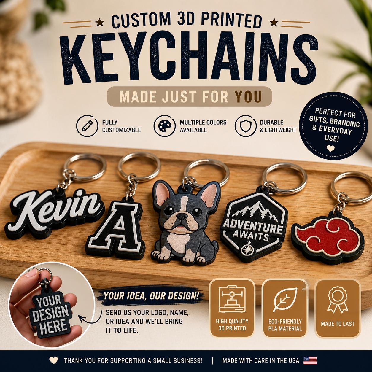 Custom 3D Printed Keychain | Personalized Name, Logo, Photo & Custom Design

Create a one-of-a-kind keychain made just for you! Whether you’re looking for a personalized name keychain, a custom business logo, a meaningful photo design, or a completely unique creation, each keychain is professionally 3D printed to order using high-quality PLA filament for a clean, durable finish.

Perfect for everyday keys, backpacks, purses, business branding, gifts, party favors, and special occasions!

Product Features

• Custom made to order
• Professionally 3D printed using premium PLA filament
• Lightweight, durable, and built to last
• Available in multiple colors
• Precision printed with attention to every detail
• Great for personal use, businesses, and gifts

Design Options

Choose from:
• Name
• Logo
• Photo
• Custom Design

Available Sizes

• Small – 2”
• Medium – 2.5”
• Large – 3”

How It Works

1. Choose your Design Type.
2. Choose your Size.
3. Place your order.

After your purchase, we will send you an Etsy message requesting:
• Your preferred color
• Name or text (if applicable)
• Font preference (optional)
• Your logo or photo (for Logo, Photo, or Custom Design orders)
• Any special instructions or requests

Once we receive your customization details, we’ll begin creating your personalized keychain. If we have any questions, we’ll contact you before production to make sure your order is exactly how you envision it.

Perfect For

• Personalized gifts
• Birthdays
• Anniversaries
• Business logos
• Company giveaways
• Wedding favors
• Backpack charms
• Car keys
• House keys
• Stocking stuffers

Please Note

Each keychain is individually made to order. Because every item is custom designed and 3D printed, slight layer lines may be visible. These are a natural part of the 3D printing process and are a hallmark of handcrafted, custom-made products.

Thank you for choosing CUSTOM PRINTS LLC! We appreciate your support and look forward to creating a unique keychain you’ll be proud to carry or gift.