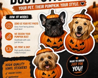 Custom Pet Pumpkin Bust Sticker | Personalized Halloween Dog Portrait | Waterproof Vinyl Decal | Pet Lover Gift