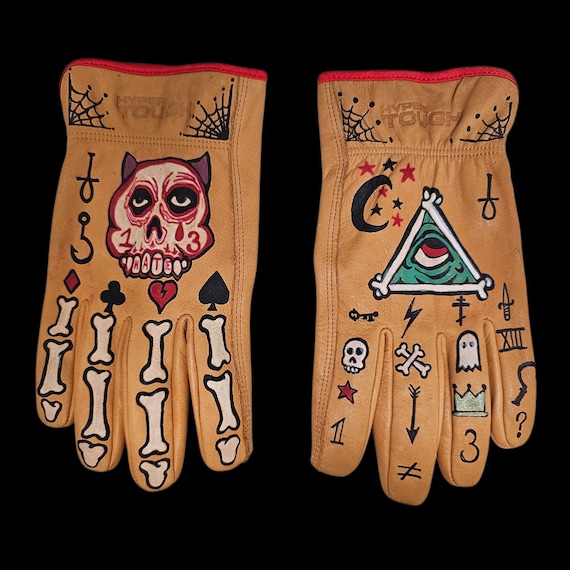 Hand Painted Leather Work Gloves: Gothic, Occult, Tattoo Imagery (Size Large)