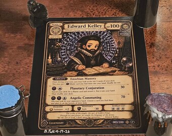 May include: A rectangular trading card featuring an illustration of Edward Kelley with a beard and ruff collar, writing in a book. The card displays text including Enochian Mastery, Planetary Conjuration, and Angelic Communing with gold accents.