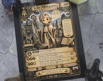 May include: A rectangular trading card featuring a character named Iolo Morganwg, the Bard of the Gorsedd. The card displays a central illustration of a figure with a staff, surrounded by text, stats, and a biography. It is numbered 022/100.