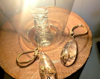 Eternal Wishes. Clear teardrop resin earrings with gold flakes and real dandelion seeds.