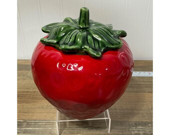 House of Webster Strawberry Cookie Jar Ceramic Red Green 6" Collectible Canister