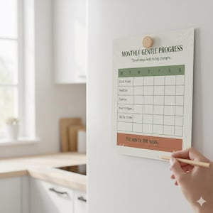 Op de afbeelding: Een wit magnetisch whiteboard met de tekst "MONTHLY GENTLE PROGRESS" en een wekelijkse habit tracker. Het bord is met een houten magneet aan een witte koelkast bevestigd. De tekst "Small steps lead to big changes" is ook opgenomen.