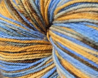 Hand Dyed BFL Sock Yarn: orange, blue, brown, Kettle Dyed 4ply, 438 yds