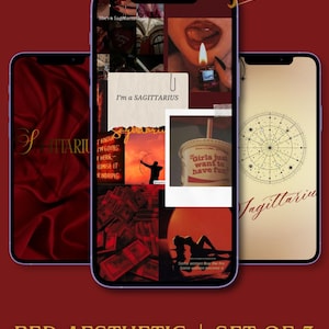 Könnte beinhalten: Ästhetisches rotes Schützen-Wallpaper-Set mit 3 Tapeten zum sofortigen digitalen Download. Das Design zeigt eine Pfeil- und Bogen-Grafik sowie den Text "Sagittarius Wallpaper". Die Handy-Hintergründe haben eine Collage von Bildern.