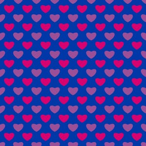 Könnte beinhalten: Ein sich wiederholendes Muster aus kleinen Herzen, die in horizontalen Reihen auf einem einfarbigen blauen Hintergrund angeordnet sind. Die Herzen wechseln zwischen einem leuchtenden Pink und einem gedeckten Lavendelviolett.