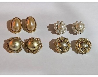 Lot of 4 Vintage Faux Pearl Gold Tone Clip On Costume Earrings