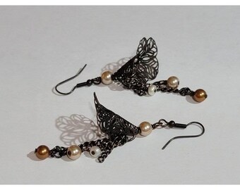Whimsical Bronze Trumpet Flower Bead Drop Fishhook 2" Earrings