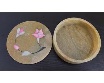 Vintage Marble Lotus Flower Mother of Pearl Inlay Decorative Jewelry Trinket Box