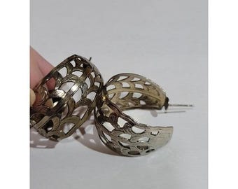 Vintage silver tone filigree half moon hoops post earrings