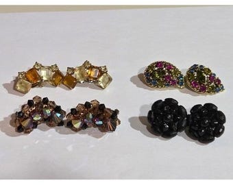 Lot of 4 Vintage Clip On Earrings Beaded & Stone
