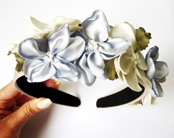 Blue and Ivory Floral Headband Crown