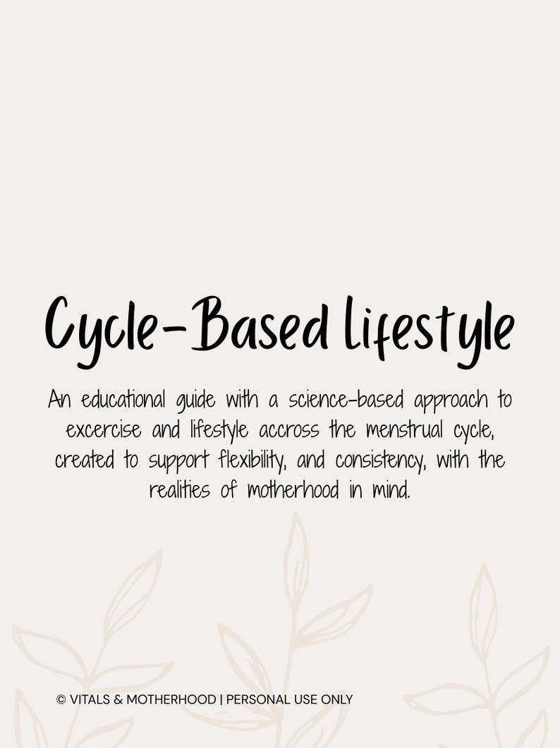 K&ouml;nnte beinhalten: Eine cremefarbene Seite mit dem Titel "Cycle-Based Lifestyle" in handschriftlicher Schrift. Der Text beschreibt einen Ratgeber zu Bewegung und Lebensstil w&auml;hrend des Menstruationszyklus, speziell f&uuml;r M&uuml;tter.